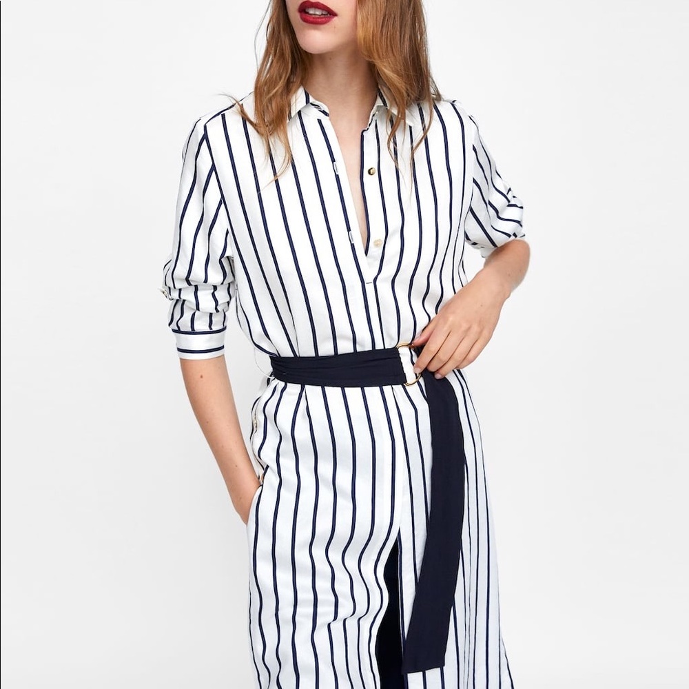 NWT Zara Black White Striped Shirt Dress - Picture 2 of 8